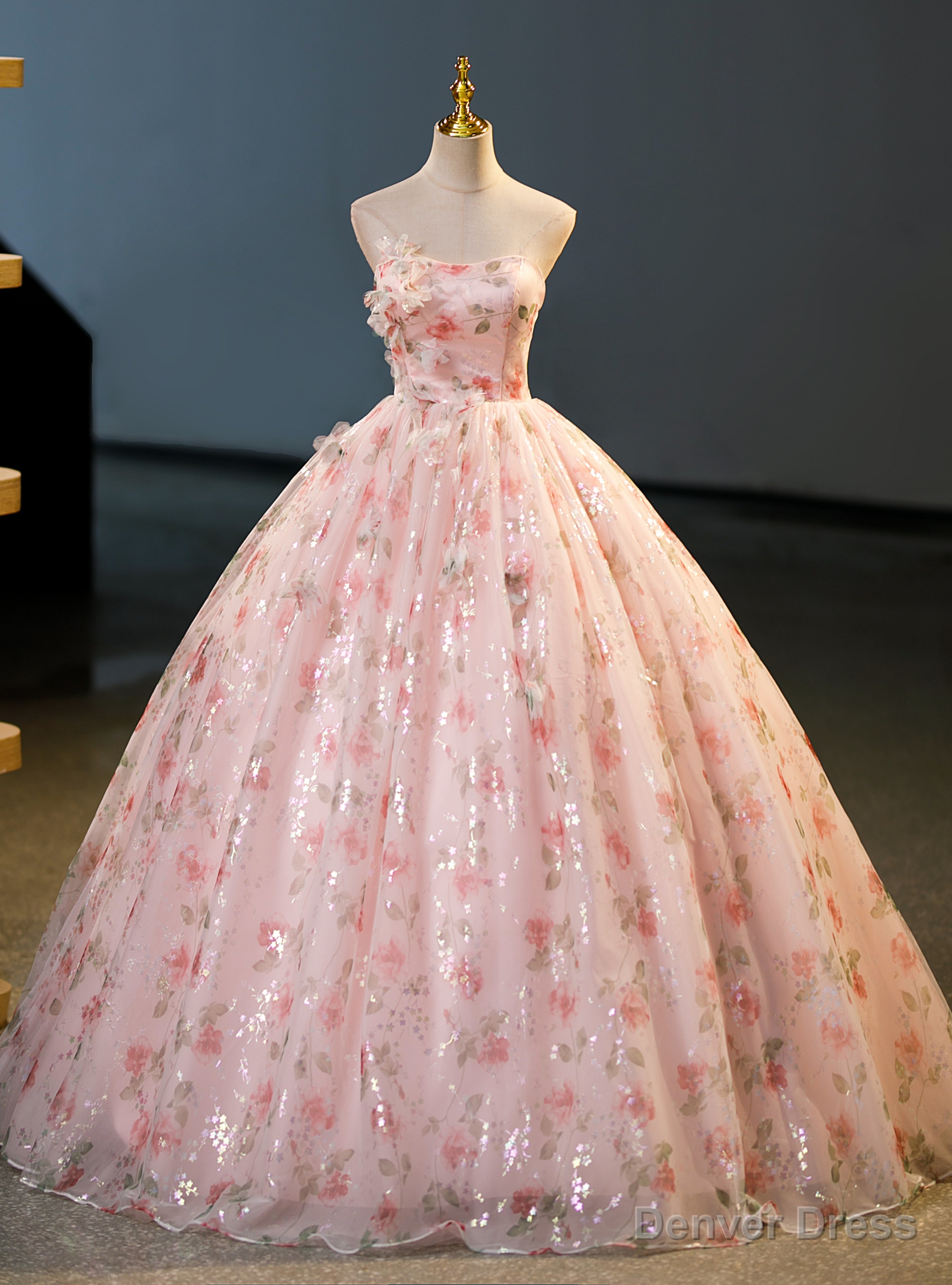 Pink Ball Gowns Tulle Print Flower Quinceanera Dresses Main image