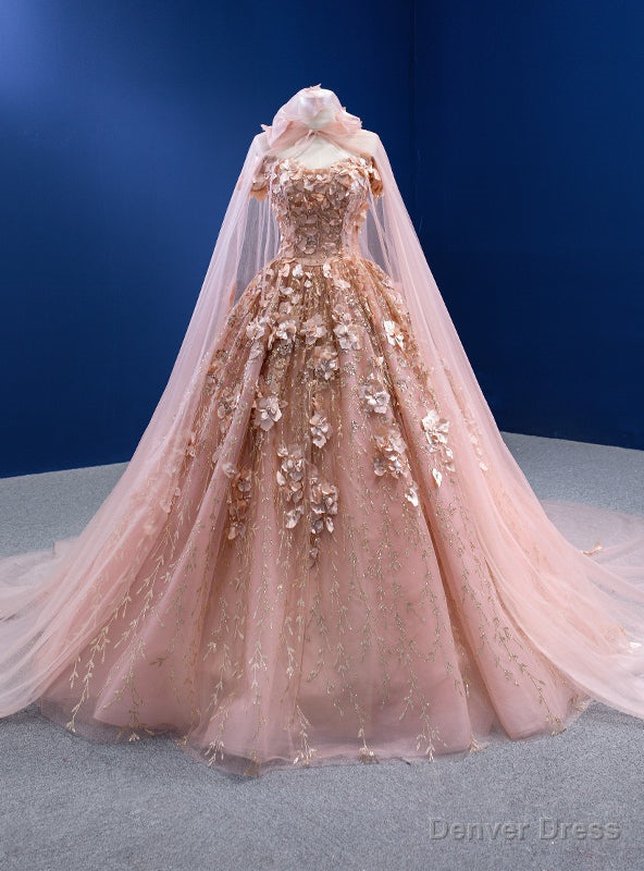 Pink Ball Gowns Tulle Sequins 3D Appliques Prom Dresses With Shawl