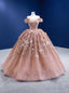 Pink Ball Gowns Tulle Sequins 3D Appliques Prom Dresses