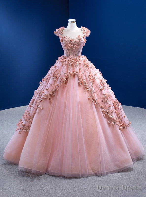Pink Ball Gowns Tulle Sequins Cap Sleeve Prom Dresses Main image