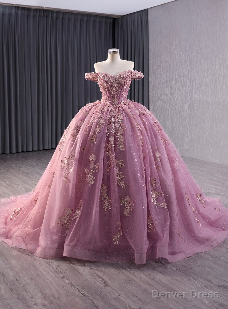 Pink Ball Gowns Tulle Sequins Flower Prom Dresses Main image