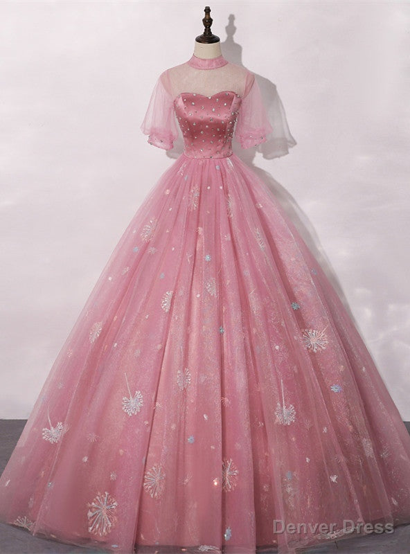 Pink Ball Gowns Tulle Short Sleeve Beading Quinceanera Dresses Main image