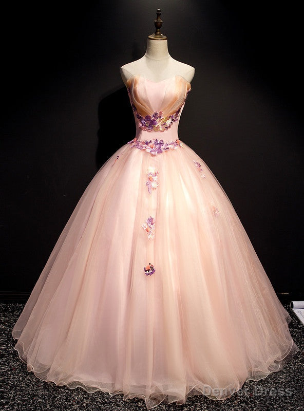 Pink Ball Gowns Tulle Strapless Appliques Quinceanera Dresses Main image