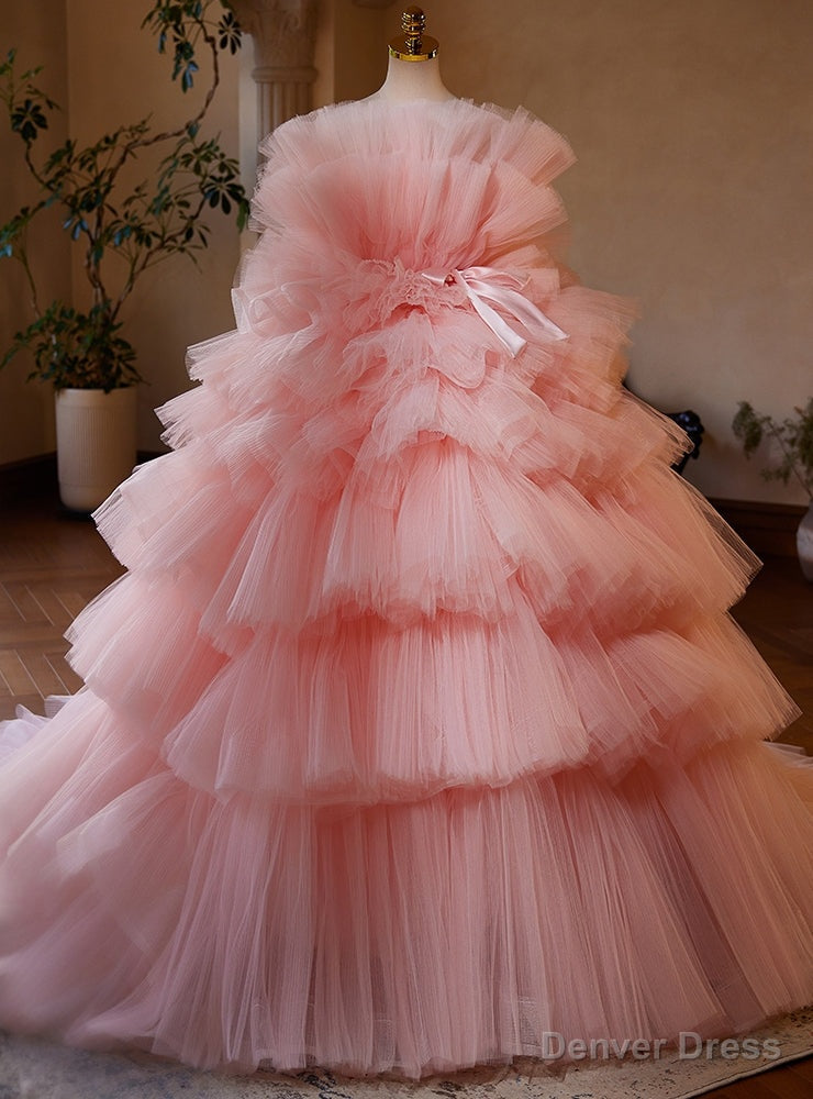 Pink Ball Gowns Tulle Strapless Tiers Quinceanera Dresses Main image