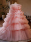 Pink Ball Gowns Tulle Strapless Tiers Quinceanera Dresses