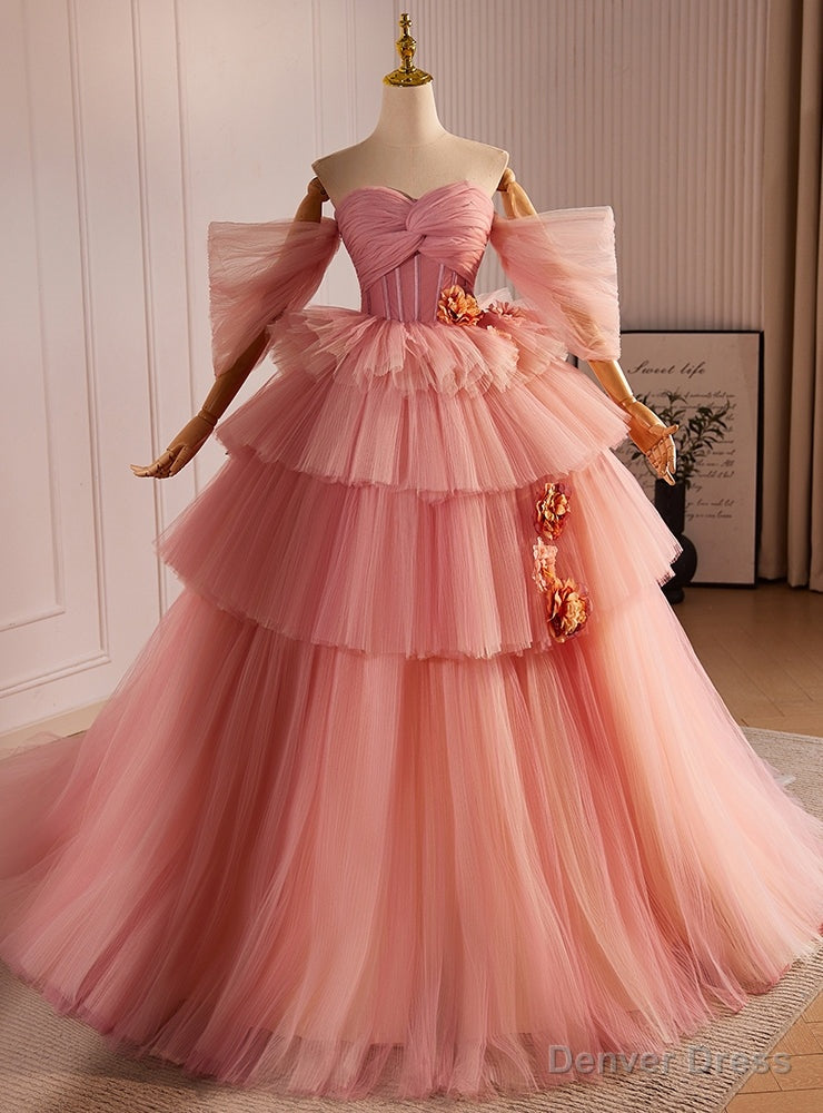 Pink Ball Gowns Tulle Sweetheart Tiers Pleats Prom Dresses Main image