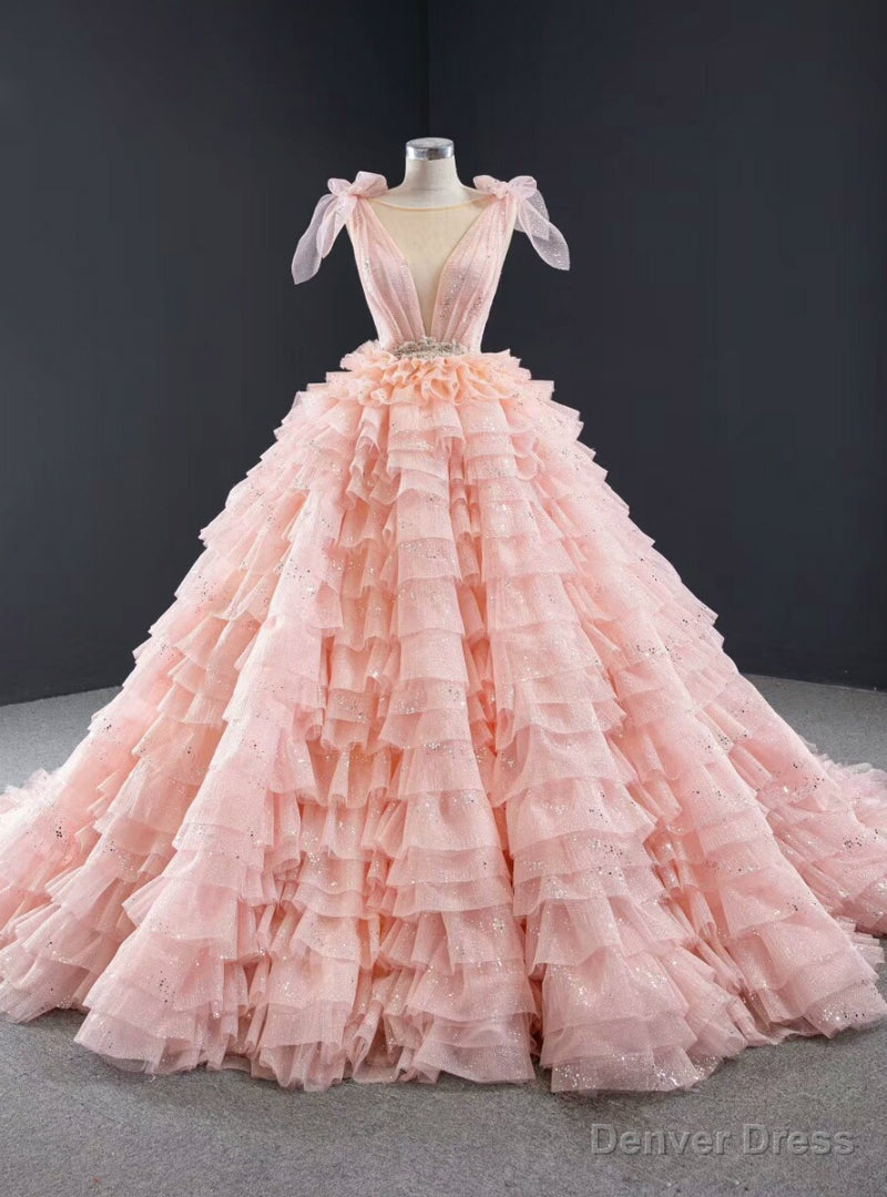 Pink Ball Gowns Tulle V Neck Backless Beading Long Prom Dresses Main image