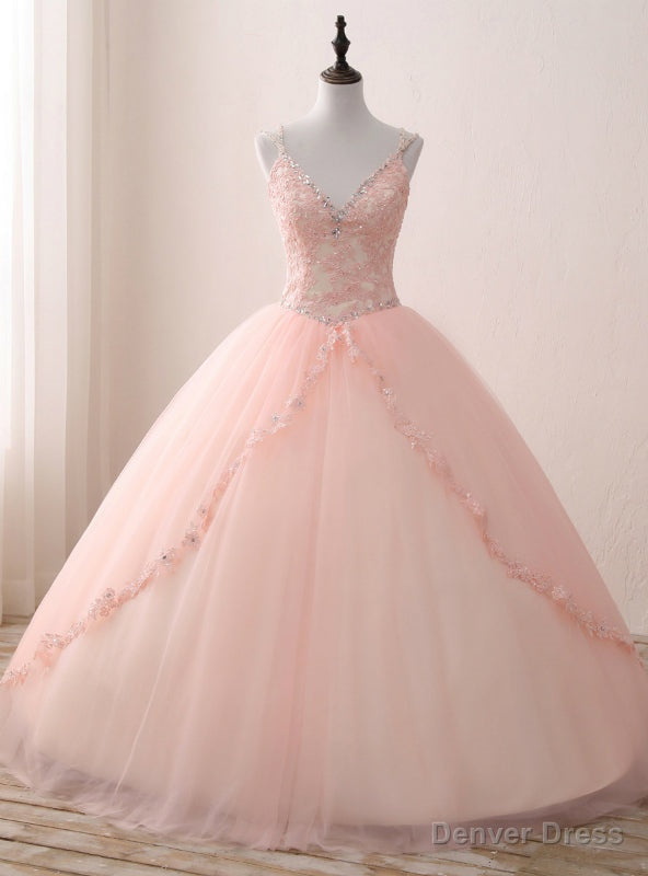 Pink Ball Gowns Tulle V Neck Double Straps Appliques Quinceanera Dresses