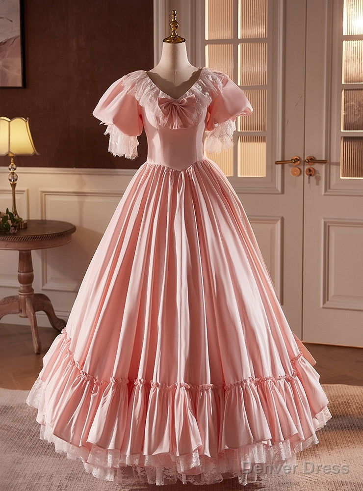 Pink Ball Gowns V Neck Puff Sleeve Satin Lace Prom Dresses Main image