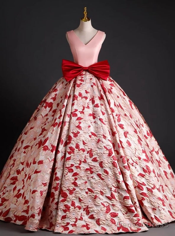 Pink Ball Gowns V Neck Quinceanera Dresses With Bow Main image