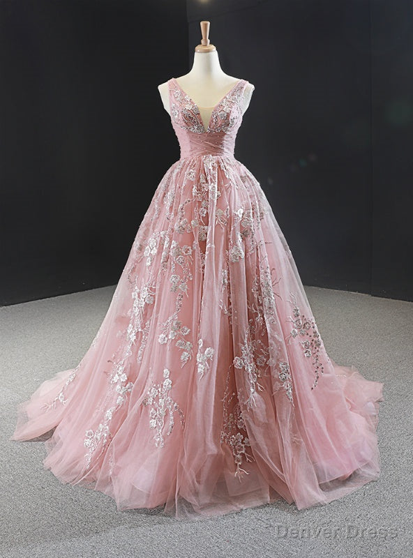 Pink Ball Gowns V Neck Tulle Appliques Beading Prom Dresses Main image