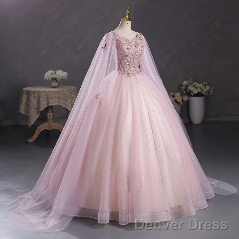 Pink Ball Gown V-Neckline Floral Lace Sweet 16 Dress, Pink Ball Gown Prom Dress Secondary image