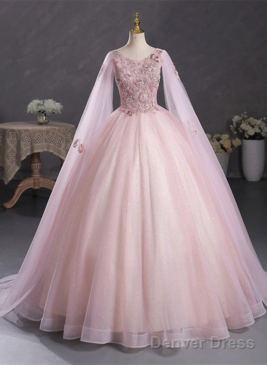 Pink Ball Gown V-Neckline Floral Lace Sweet 16 Dress, Pink Ball Gown Prom Dress