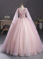 Pink Ball Gown V-Neckline Floral Lace Sweet 16 Dress, Pink Ball Gown Prom Dress