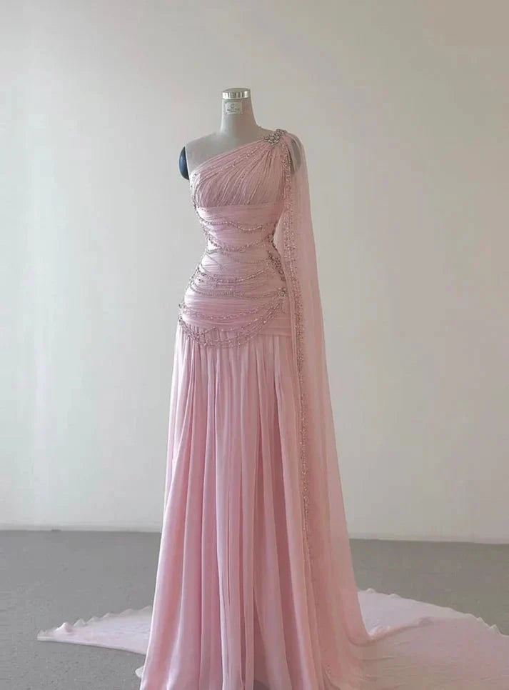Pink Beaded Elegant Floor-Mounting Maxi Dress Long Tulle Prom Dress Main image