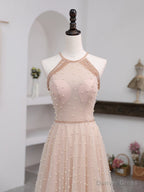 Pink Beaded Tulle Halter Long Prom Dress Prom Dress, Pink Long A Line Prom Dresses