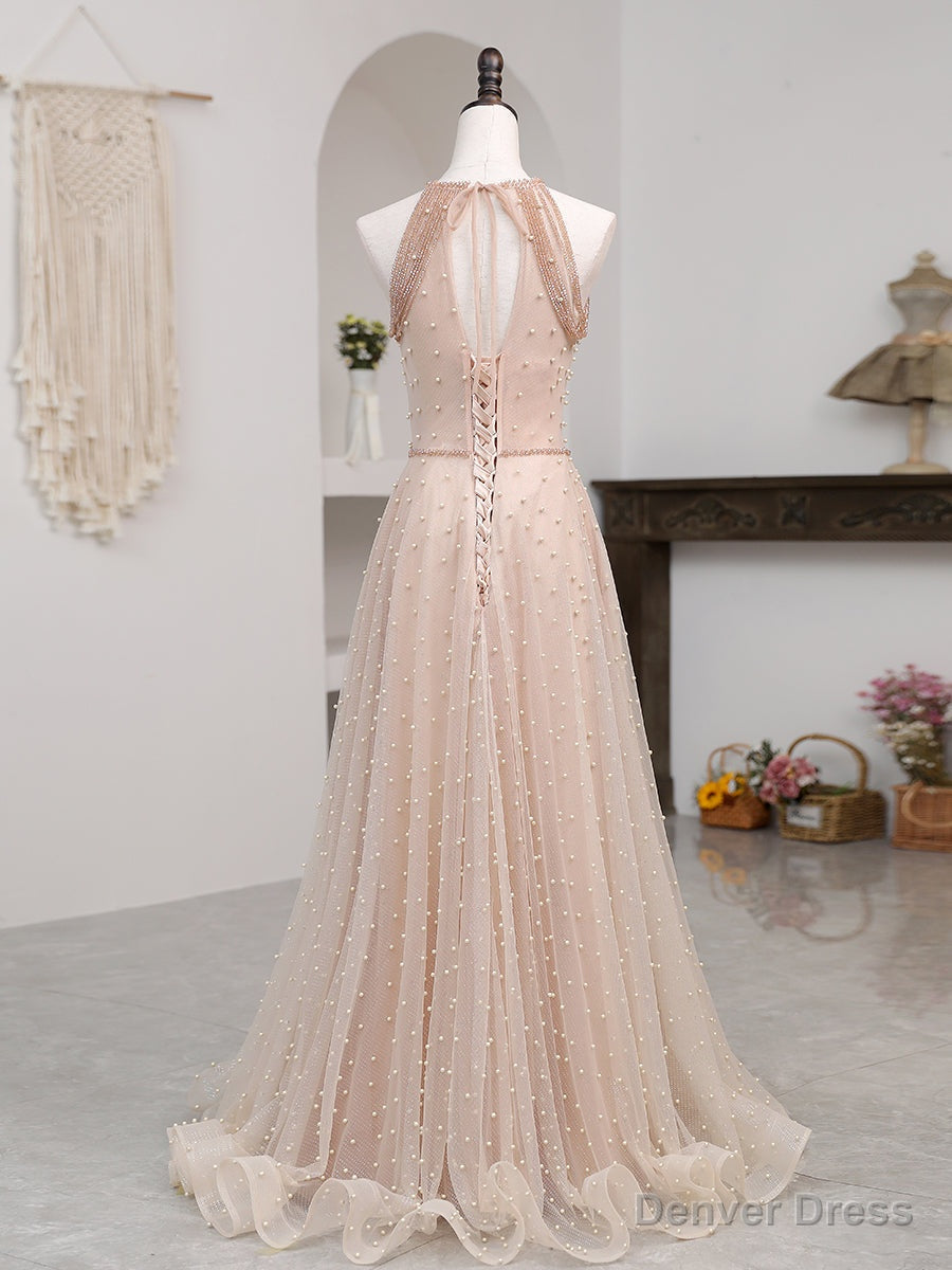 Pink Beaded Tulle Halter Long Prom Dress Prom Dress, Pink Long A Line Prom Dresses Secondary image