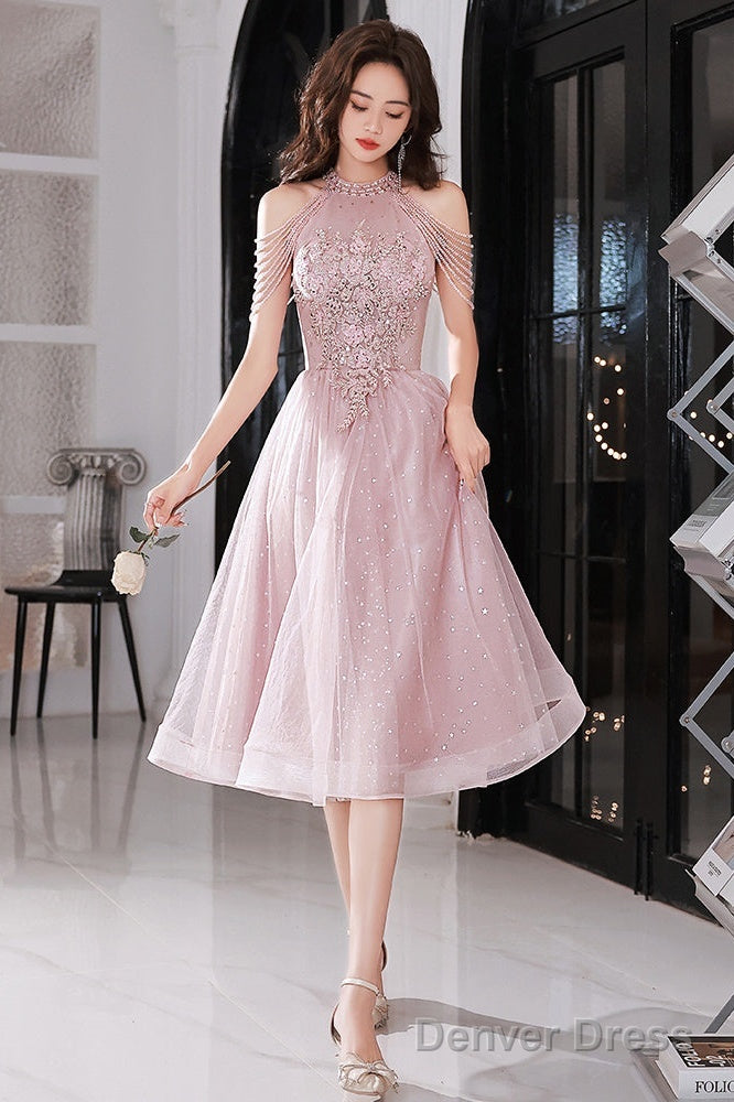 Pink Beaded Tulle Short Homecoming Dress, Pink Prom Dress Secondary image