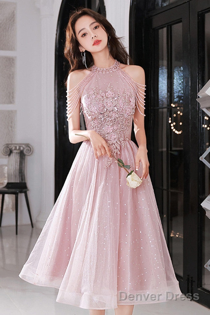Pink Beaded Tulle Short Homecoming Dress, Pink Prom Dress Main image