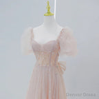 Pink Beaded Tulle Short Sleeves Long Prom Dress, Pink Sweet 16 Dresses