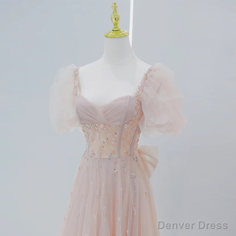 Pink Beaded Tulle Short Sleeves Long Prom Dress, Pink Sweet 16 Dresses