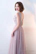 Pink Beaded V-Neckline Tulle Long Party Dresses, Pink Formal Dresses Evening Dresses