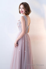 Pink Beaded V-Neckline Tulle Long Party Dresses, Pink Formal Dresses Evening Dresses
