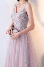 Pink Beaded V-Neckline Tulle Long Party Dresses, Pink Formal Dresses Evening Dresses