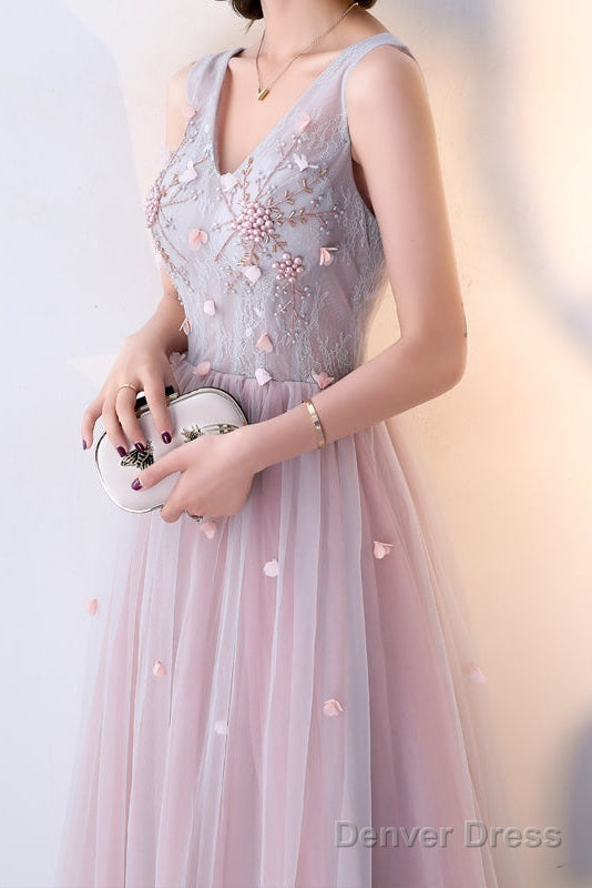 Pink Beaded V-Neckline Tulle Long Party Dresses, Pink Formal Dresses Evening Dresses