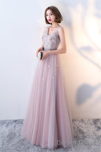 Pink Beaded V-Neckline Tulle Long Party Dresses, Pink Formal Dresses Evening Dresses