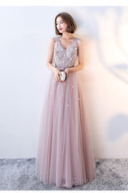 Pink Beaded V-Neckline Tulle Long Party Dresses, Pink Formal Dresses Evening Dresses