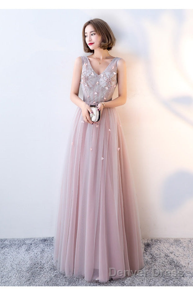Pink Beaded V-Neckline Tulle Long Party Dresses, Pink Formal Dresses Evening Dresses