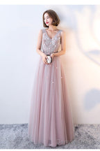 Pink Beaded V-Neckline Tulle Long Prom Dress, Pink Prom Dress