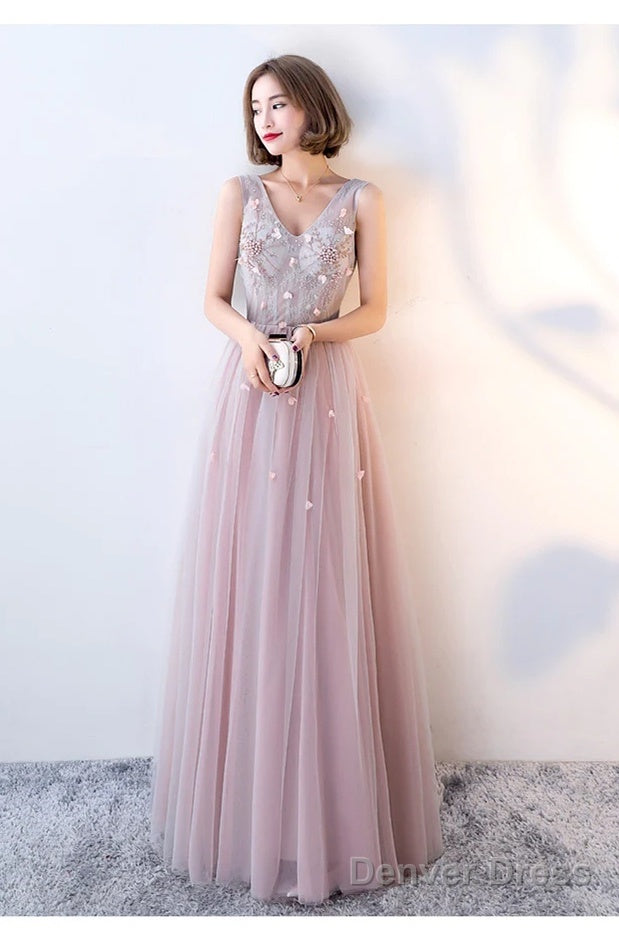 Pink Beaded V-Neckline Tulle Long Party Dresses, Pink Formal Dresses Evening Dresses Main image