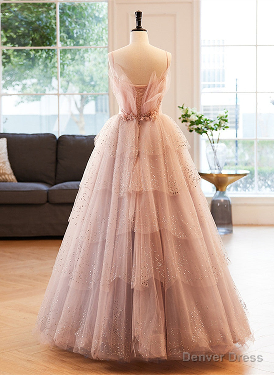 Pink Beaded V-neckline Tulle Party Dress Prom Dress, Tulle Layers Sweet 16 Dress