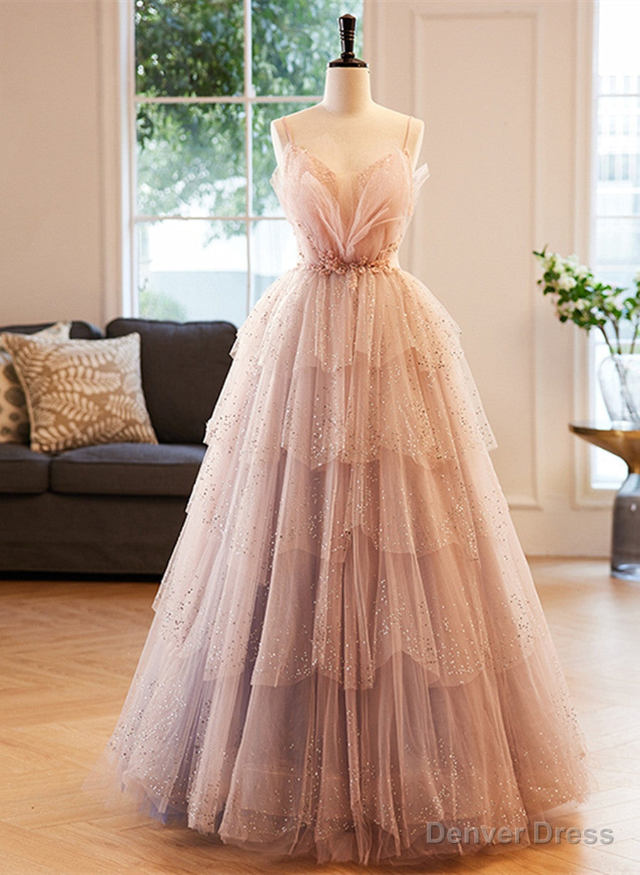 Pink Beaded V Neckline Tulle Prom Dress Prom Dress, Tulle Layers Sweet 16 Dresses Secondary image