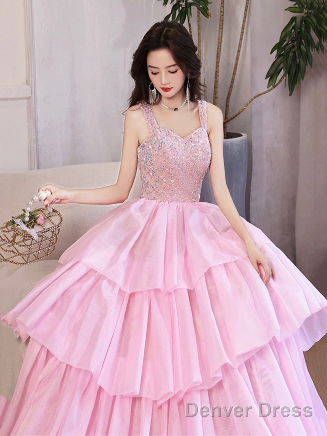 Pink/Blue Tulle Layers Long A-Line Prom Dress, A-Line Spaghetti Strap Sequins Evening Dress Secondary image