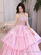 Pink/Blue Tulle Layers Long A-Line Prom Dress, A-Line Spaghetti Strap Sequins Evening Dress