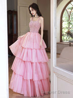 Pink/Blue Tulle Layers Long A-Line Prom Dress, A-Line Spaghetti Strap Sequins Evening Dress