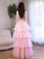 Pink/Blue Tulle Layers Long A-Line Prom Dress, A-Line Spaghetti Strap Sequins Evening Dress