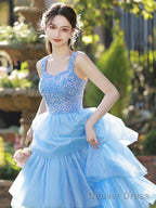 Pink Blue Tulle Layers Long A Line Prom Dress, A Line Spaghetti Strap Sequins Prom Dresses