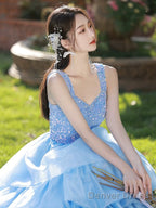 Pink/Blue Tulle Layers Long A-Line Prom Dress, A-Line Spaghetti Strap Sequins Evening Dress