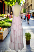 Pink Bridesmaid Dress A Line Straps Tiered Chiffon Floor Length Long Prom Dresses