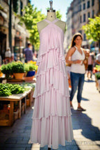 Pink Bridesmaid Dress A Line Straps Tiered Chiffon Floor Length Long Prom Dresses
