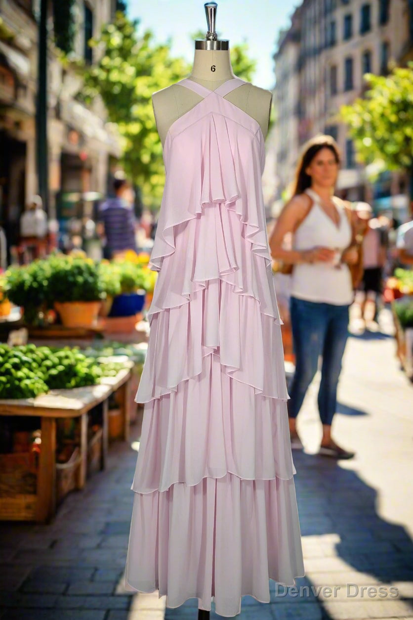 Pink Bridesmaid Dress A Line Straps Tiered Chiffon Floor Length Long Prom Dresses
