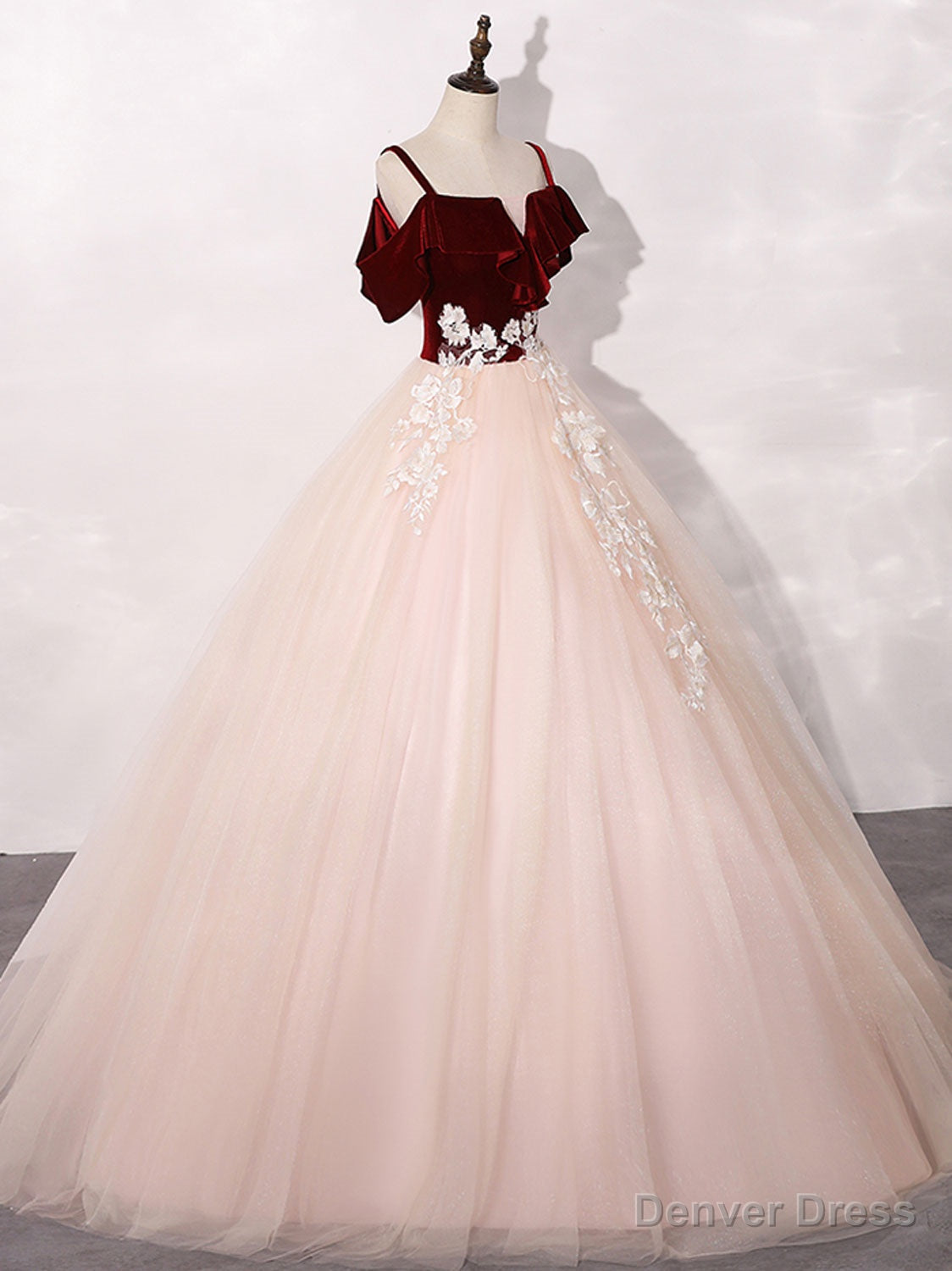 Pink Burgundy Tulle Long Prom Dress, A Line Prom Sweet 16 Dresses with Lace
