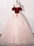Pink Burgundy Tulle Long Prom Dress, A Line Prom Sweet 16 Dresses with Lace