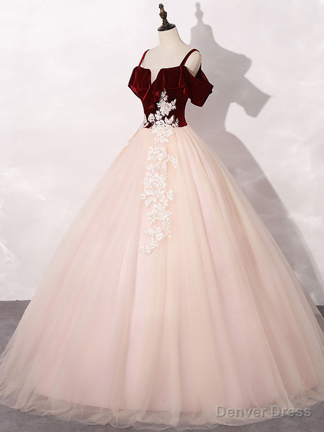 Pink Burgundy Tulle Long Prom Dress, A Line Prom Sweet 16 Dresses with Lace