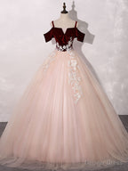 Pink Burgundy Tulle Long Prom Dress, A Line Prom Sweet 16 Dresses with Lace