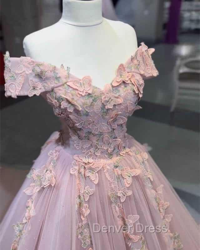 Pink Butterfly Embroidery Ball Gowns Dresses